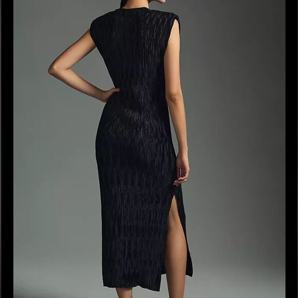 ANTHROPOLOGIE Ruched V-Neck Midi Dress Black Women’s Size Medium - Picture 3 of 8